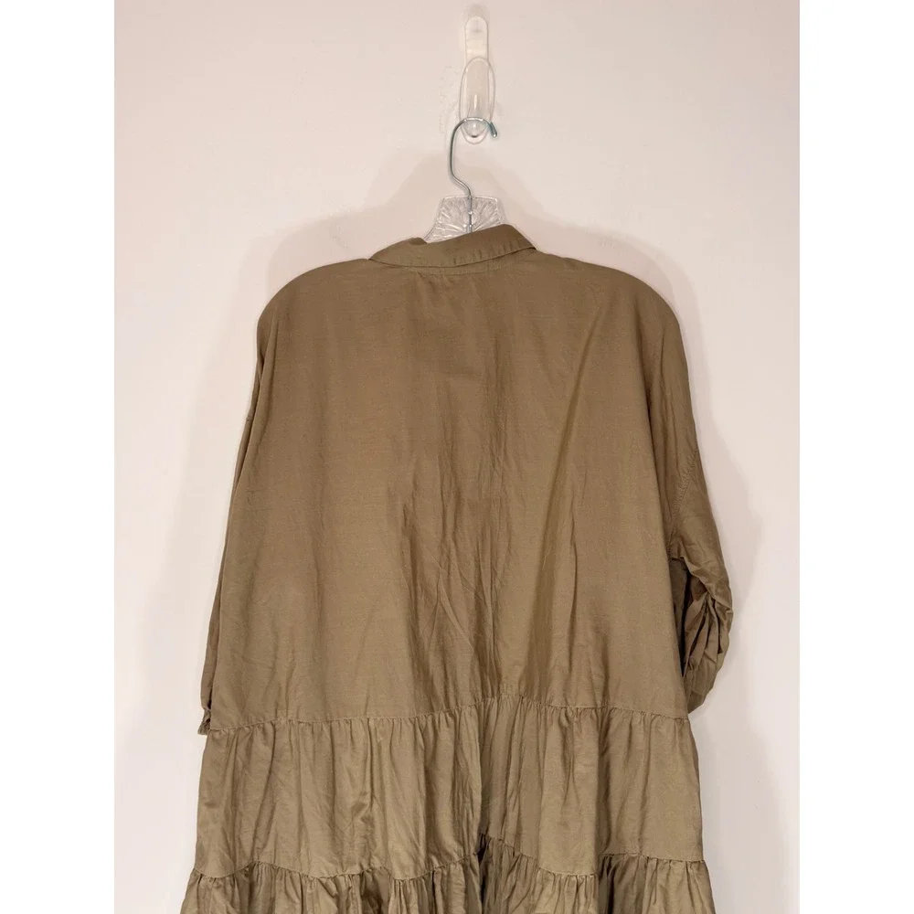 Free People Misha Baby Doll Tiered Mini Shirt Dress Tan Oversized Cotton XS‎
